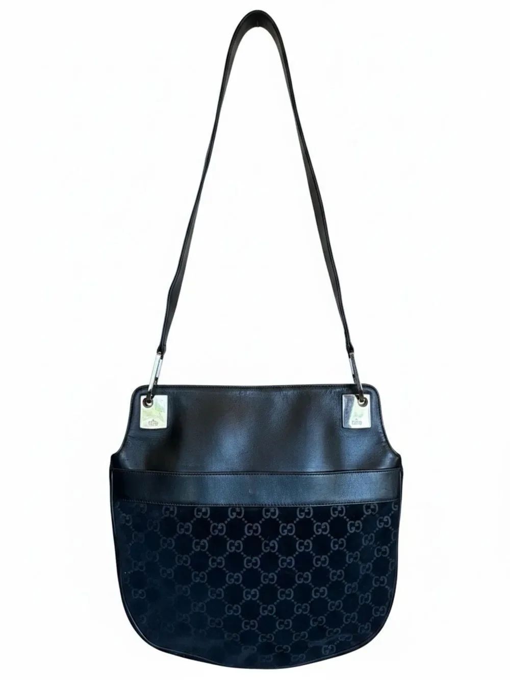 Gucci Black GG Monogram Suede & Black Leather Shoulder Bag Auth